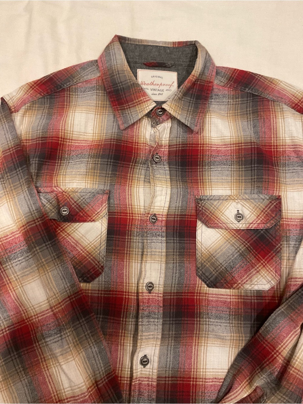 Weatherproof Red, Gray & Cream Plaid Flannel Button-Down Shirt
